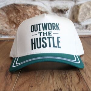 Outwork The Hustle Cream and Green Snap Bakc